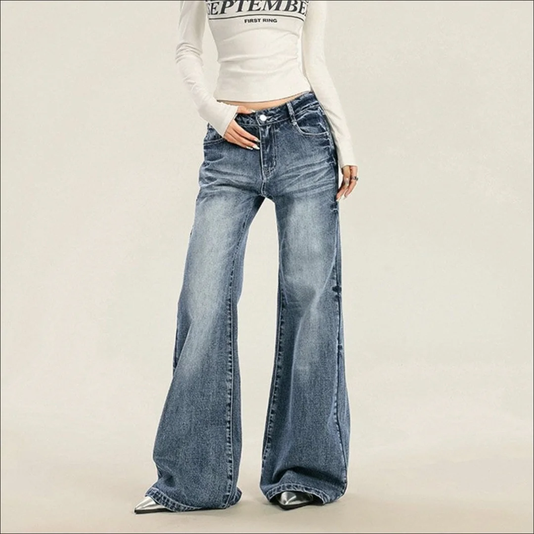 

Осень 2024, новые женские винтажные потертые синие джинсы, уличная одежда, повседневные прямые брюки, широкие джинсовые брюки с высокой талией