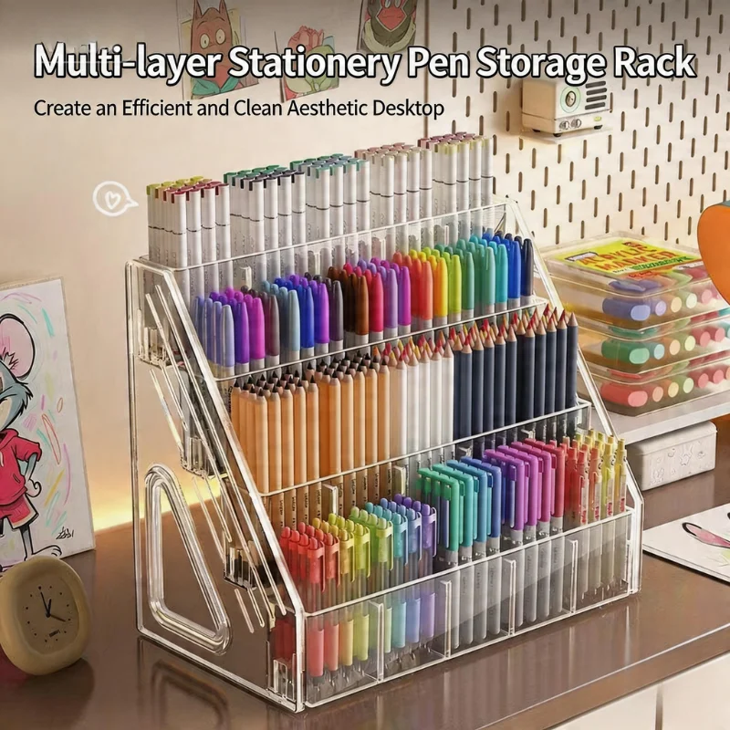 Clear Acrylic 5-Tier Pen Holder, Large Capacity Multi-layer Stationery Organizer for Desk School Office