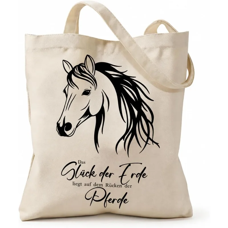 Vintage Black Sketch Horse Head German Quote Canvas Tote Bag Reusable Eco Shopping Shoulder Bag Gift For Horse Lovers