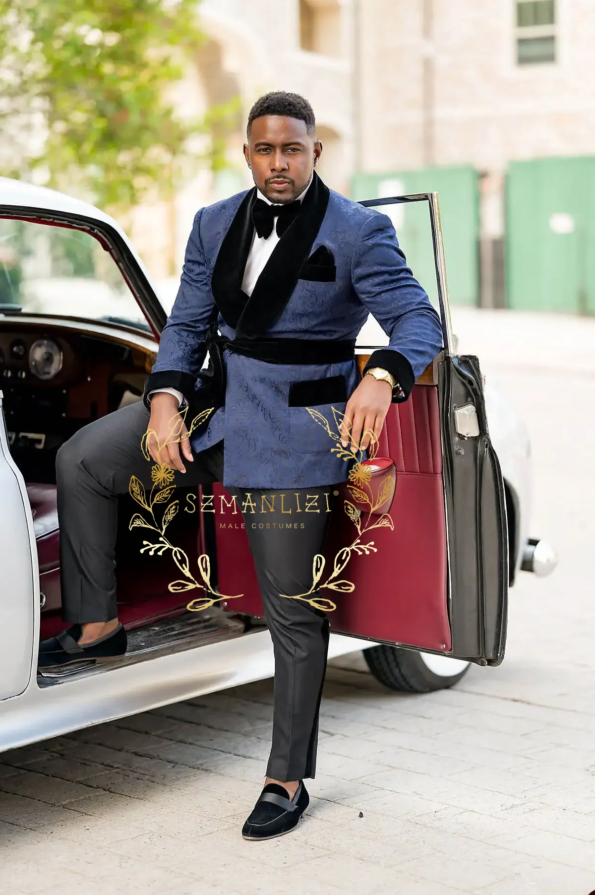 

Navy Blue Double Breasted Wedding Tuxedos 2 Pcs For Men Floral Jacquard Formal Blazer Pants Belt Custom Made Party Suits