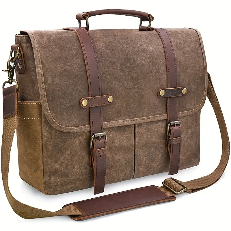 Business Briefcase Men Genuine Leather Multi Pocket Handbag Shoulder Crossbody Bag Laptop Tablet Carrying Bag