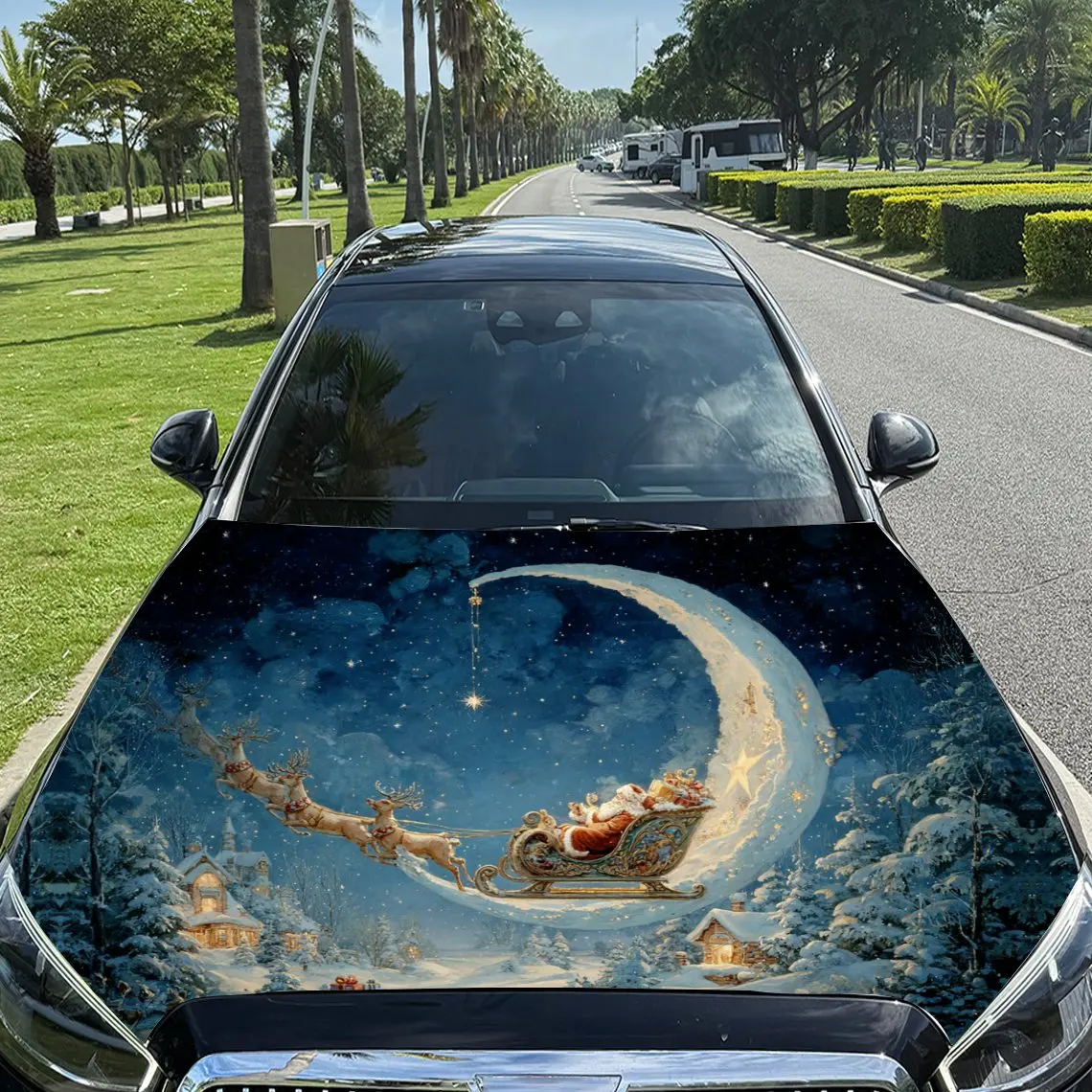 

Crescent Moon Christmas Magic Car Vinyl Wrap, PVC Material Waterproof Car Hood Sticker, Self-Adhesive Scratch-Resistant Stickers