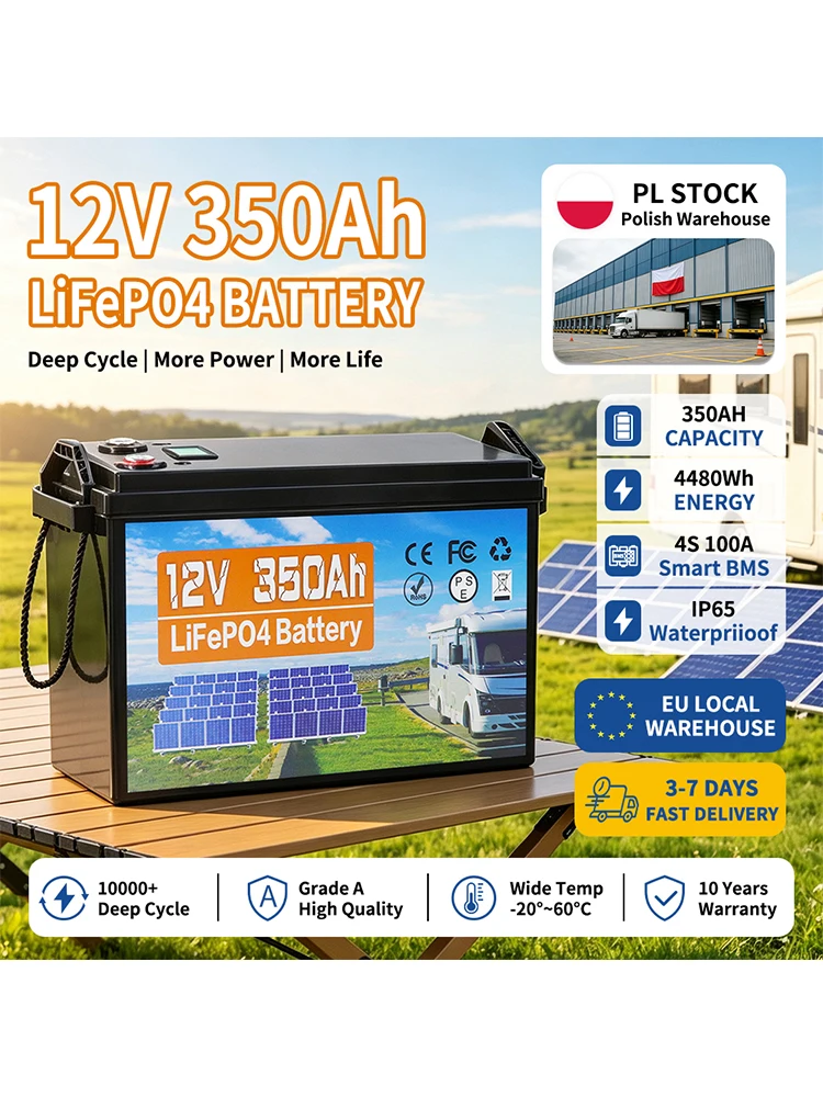 EU-Lagerbestand V 350Ah Lithium-Batterie, integriertes 4S 100A BMS, 9000+ Deep-Cycle-Zyklen, Niedertemperaturschutz – für Wohnmobile, Marine, Solar, Off-Grid, Heimgebrauch