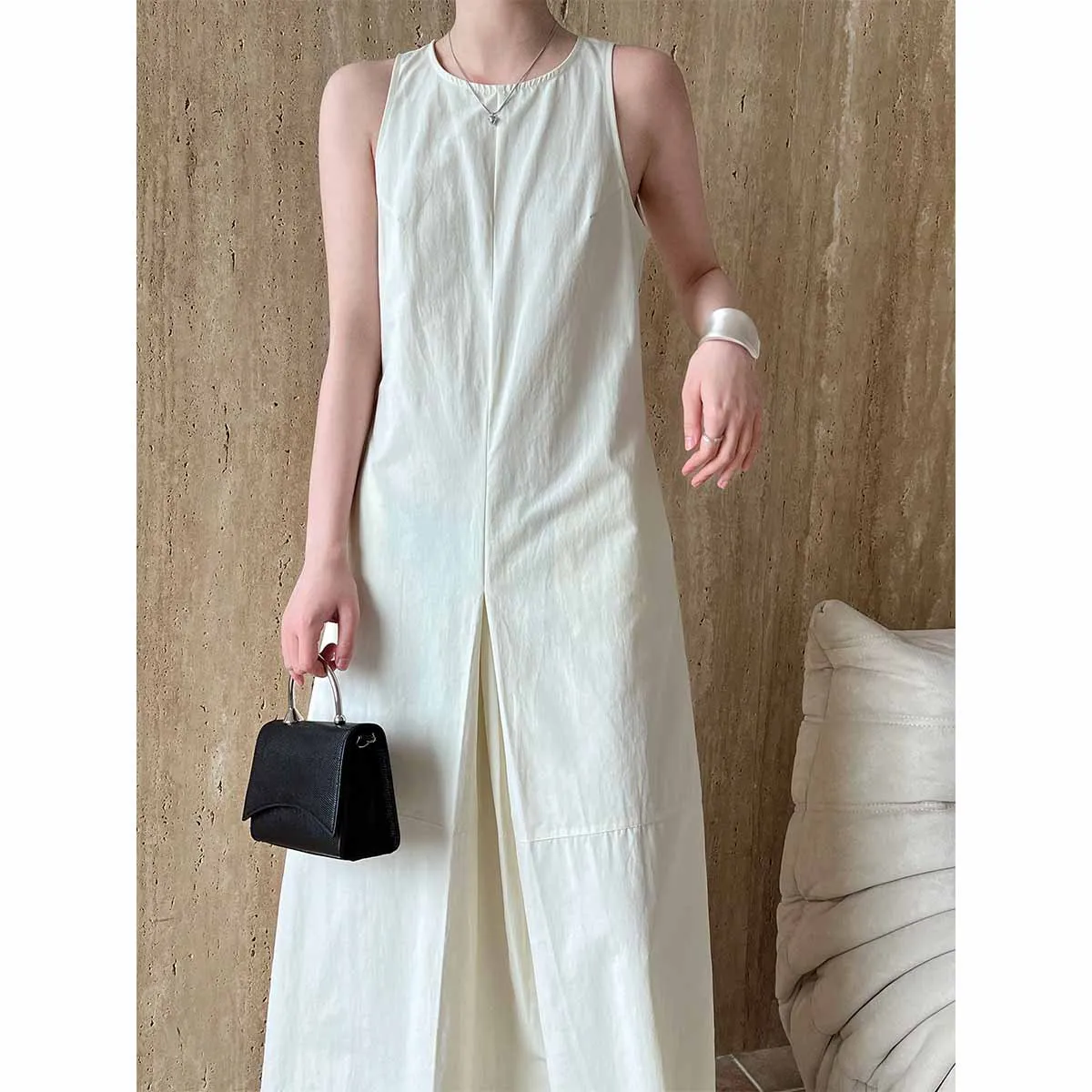 French haute couture round neck sleeveless dress, summer new narrow shoulder mid length style, elegant tank top skirt