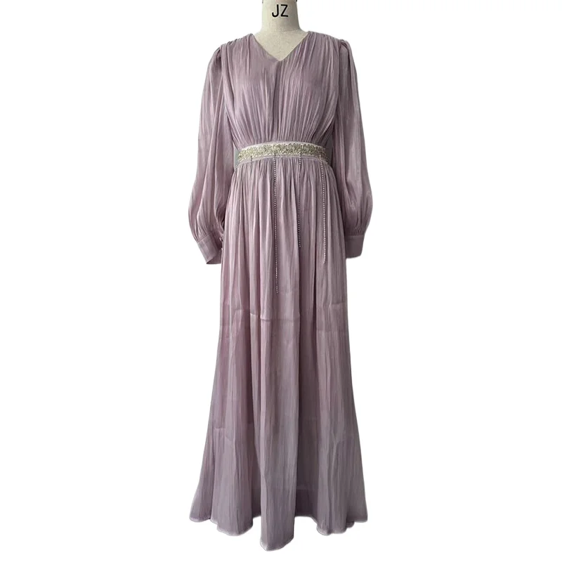 

Elegant V-neck Chiffon Long Pink Dress With Long Lantern Sleeves And Belt