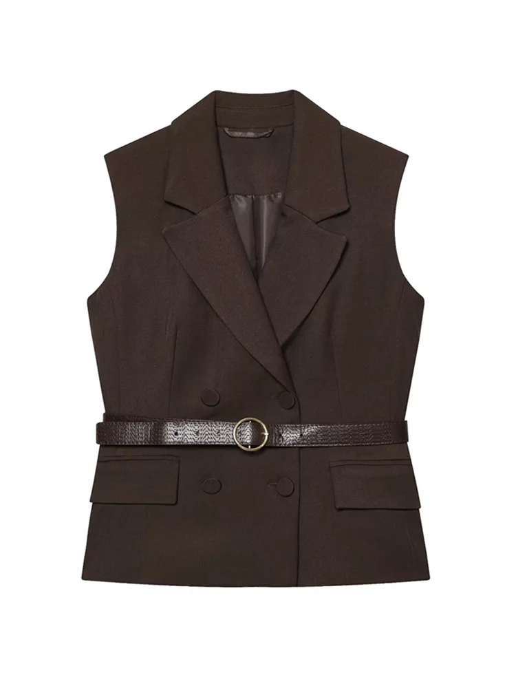

Women's Fashion With Belted Double-breasted Waistcoat Lapel Collar Sleeveless Front Pockets Female Outerwear Chic Tops
