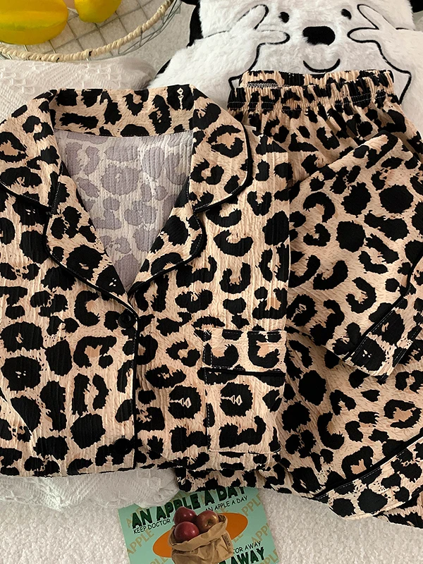 

Leopard Print Sleepwear Women's Long Sleeve Long Pants Home Clothes Two-Piece Set Pleated Fabric Spring Autumn Trend