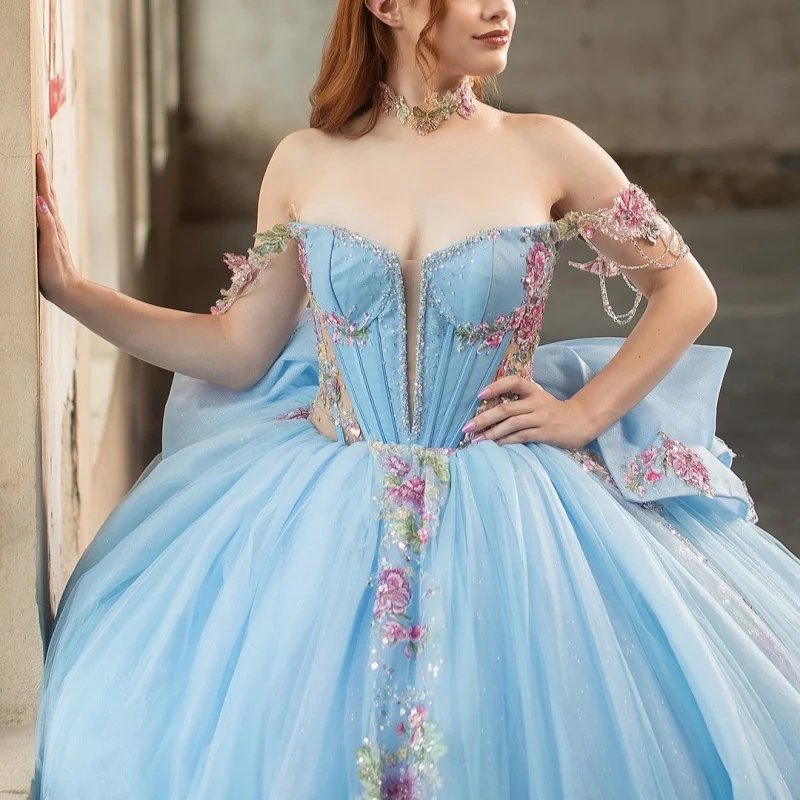 

Customized sky blue Quinceanera Dresses Off the Shoulder crystal sequin applique Big Bow Long tail Vestido 15 Quinceanera