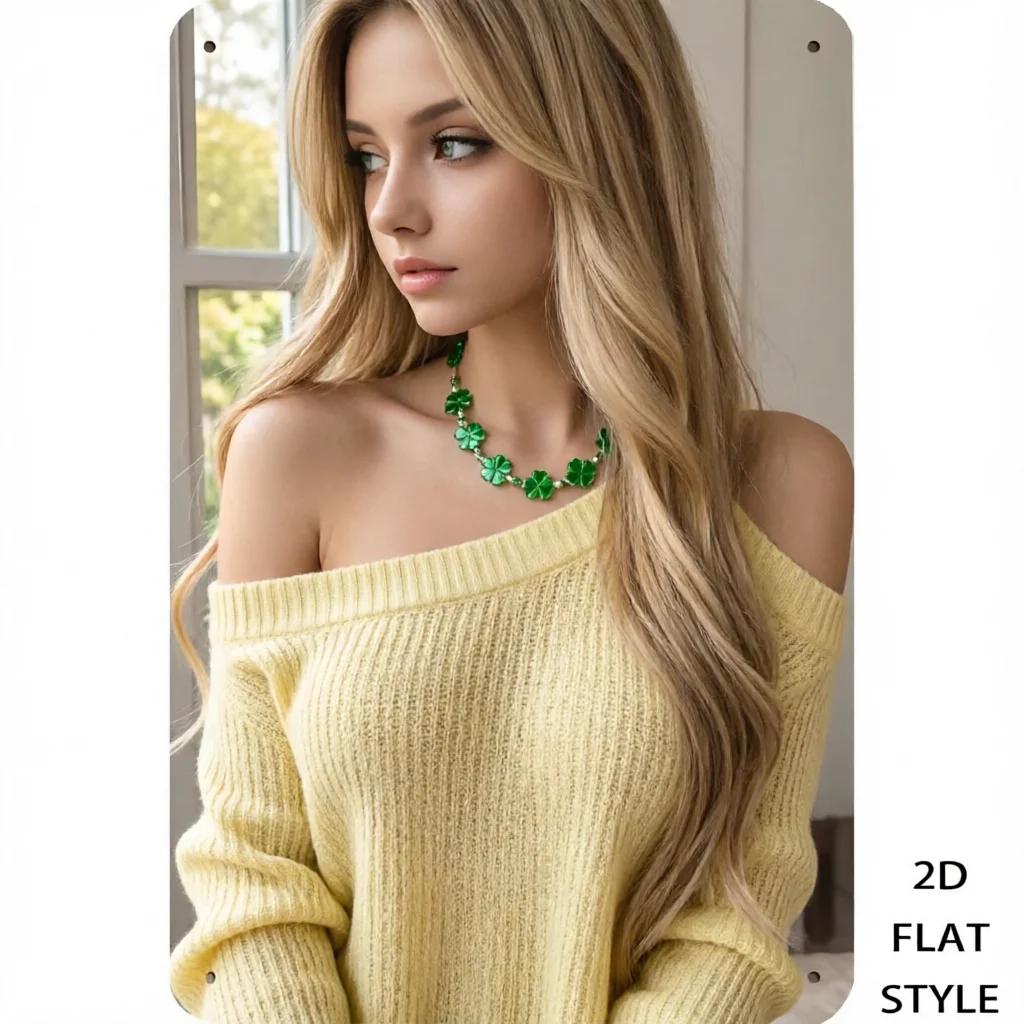 Vintage Metal Tin Sign, Blonde Lady Yellow Off Shoulder Knit Top Four-Leaf Clover Necklace Window Indoor Wall Decor Plaque