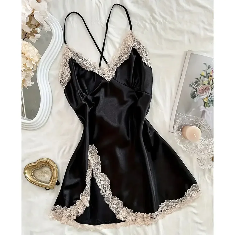 

Erotic Nightdress Clothe Women Nightgowns Sexy Nightwear Lace Patchwork Lingerie Nighty Sleepwear Wedding Satin Dress Sleep Wear