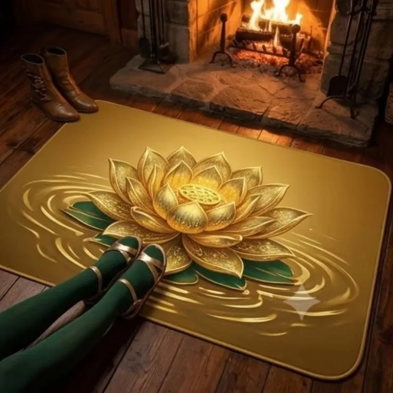 Newest Golden Dragon Phoenix Lotus Doormat, Luxury Gold Elephant Pattern Entrance Rug for Indoor Front Door Home Decor Door Mat