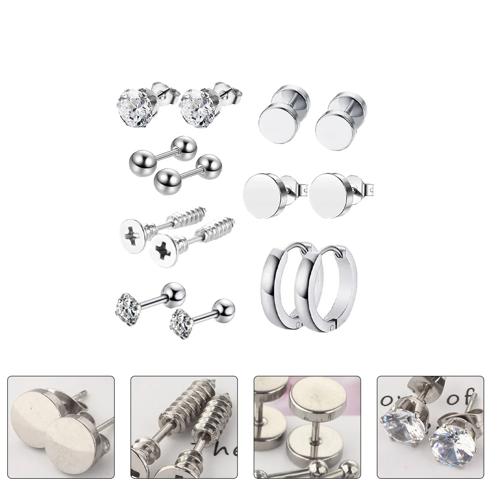

14 Pcs Crystal Men's Earrings Set Man Black Studs Stainless Steel Plugs Pendant