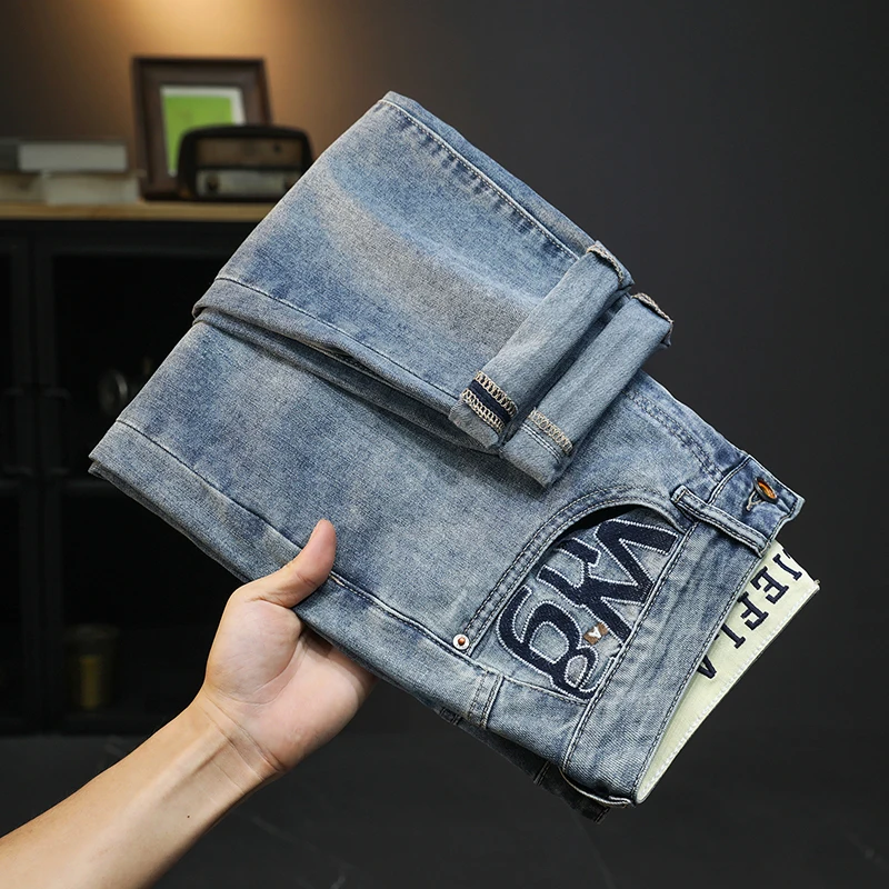 2024Summer New Jeans Men's Embroidered Printed Trendy Straight Loose High-End Washed Japanese Style Boy Trousers