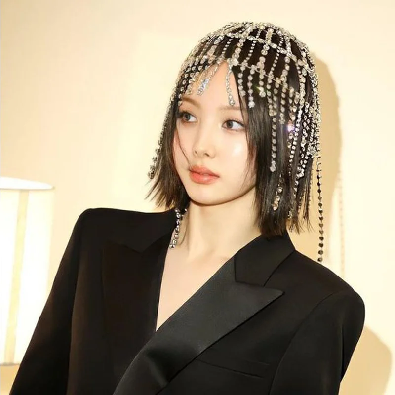 Club Glitter Rhinestone Short Fringed Hair Chain Headband Stage Performance for Women Crystal Headwear Headpiece Head Wig Chain