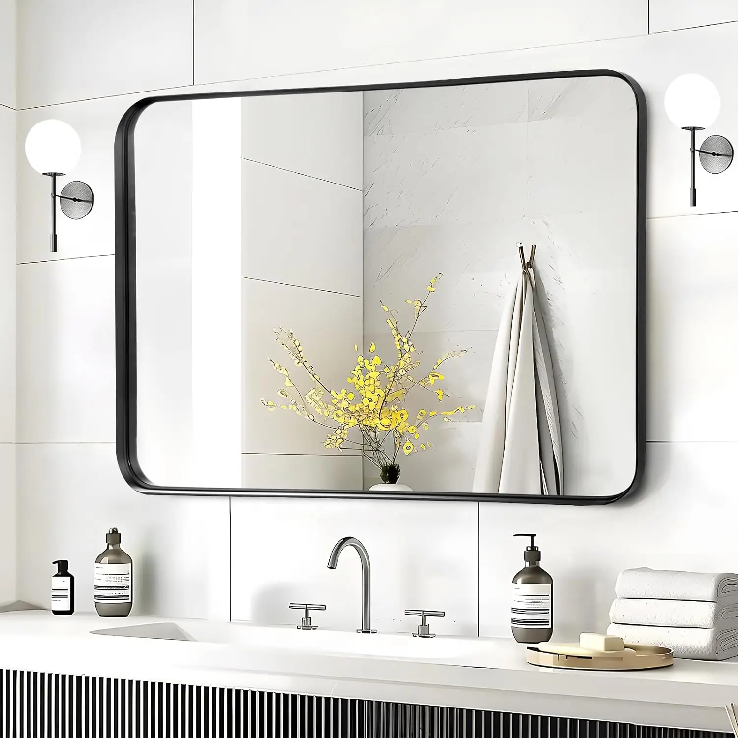Schwarzer Spiegel für Badezimmer wand-40x30 Zoll großer rechteckiger Metallrahmen spiegel über Waschbecken, matter Rahmen großer rechteckiger Spiegel