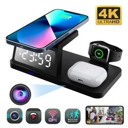 4K HD WiFi Mini Camera Clock Wireless Charging, Remote View, Motion Detection, App, Recording for Home Security & Surveillance
