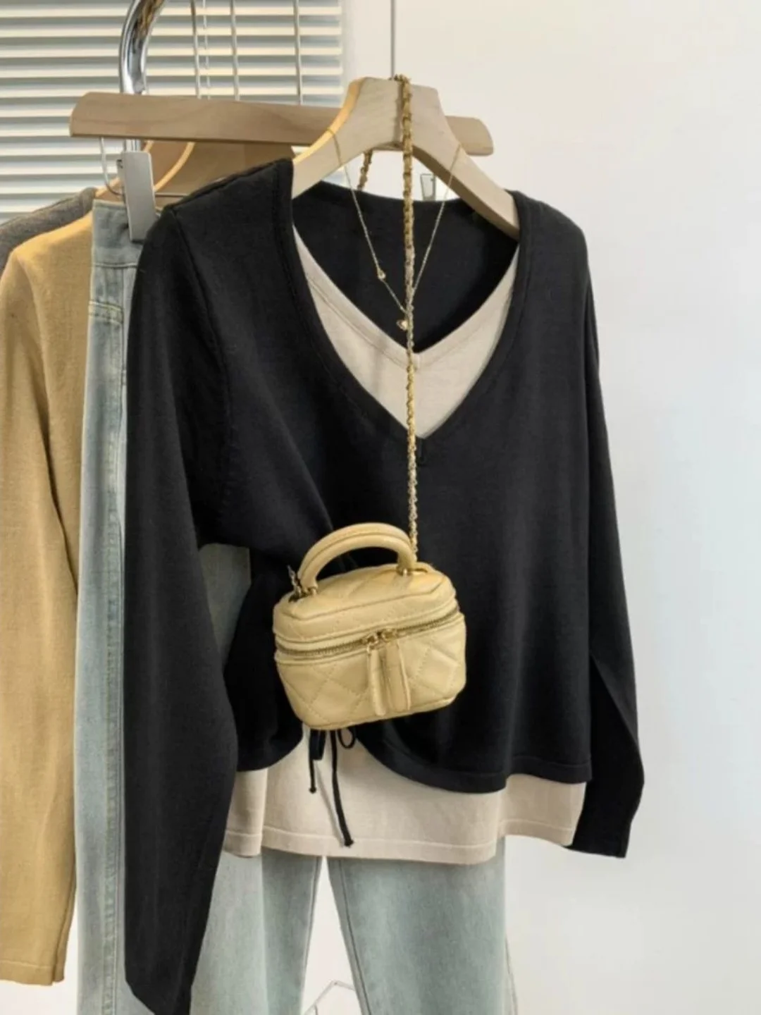 

Свободный трикотаж с v-образным вырезом, женский модный свитер оверсайз, цвет Blo Dstring, повседневный длинный свек, цвет средней длины