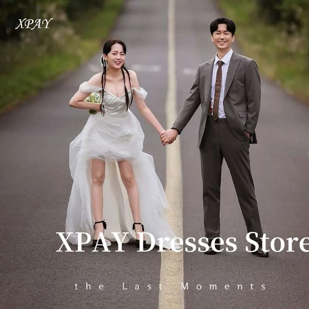 

XPAY Sexy Off Shoulder Short Front Long Back Wedding Dresses High low Tulle Beach Bridal Gowns Korea Photo shoot Customized