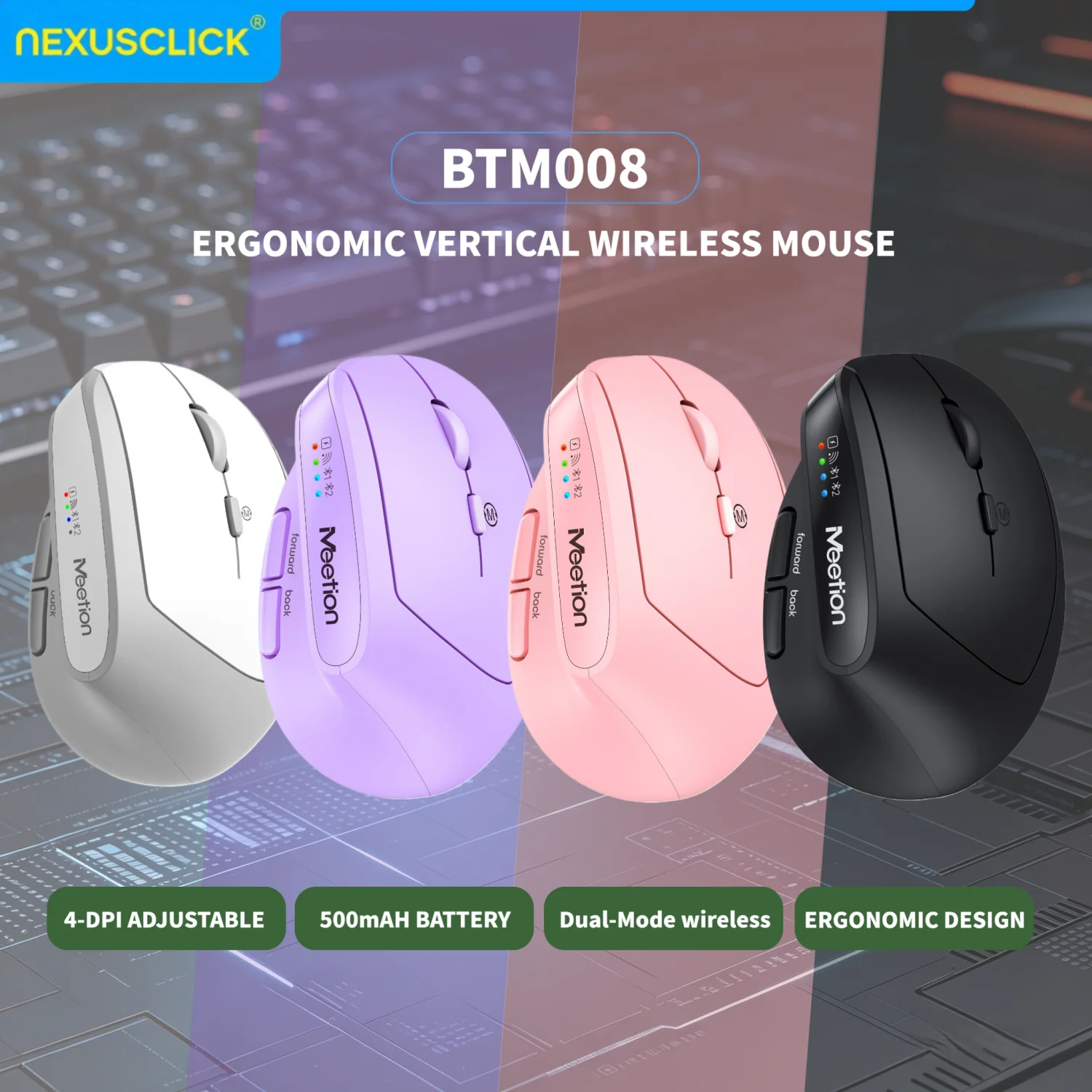 NexusClick Ergonomic Vertical 2.4G Wireless Rechargeable Mouse, 7 Buttons Optical Mice 4  Level DPI Portable Laptop Office Mouse