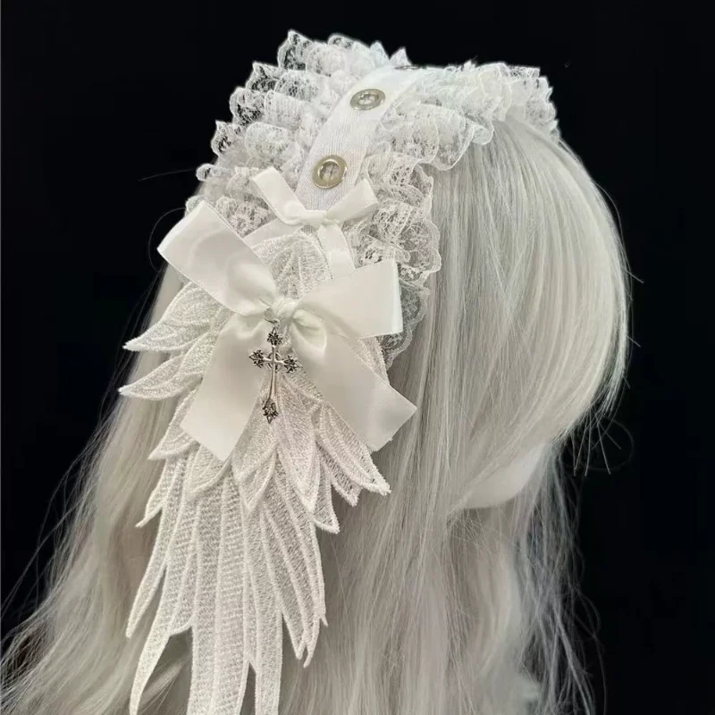 

Women's Harajuku Steampunk Y2K Dark Angel Wing Headwear Lace Bow Headband Gothic Lolita Cross Hair Accessory