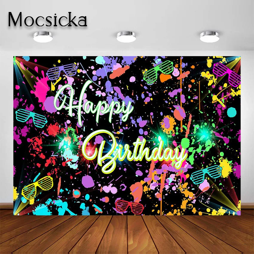 Mocsicka Neon Birthday Party Backdrop Let's Glow in The Dark Graffiti Splatter Happy Birthday Party Banner Photoshoot Background