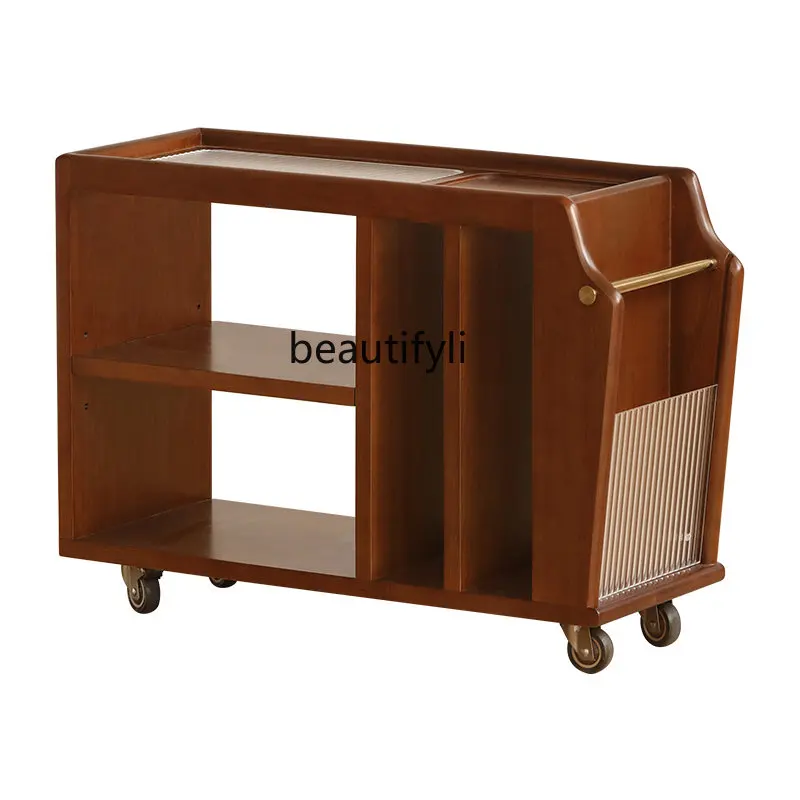 

zq Trolley Retro Solid Wood Sofa Small Table Mobile Coffee Table Side Cabinet Storage Rack