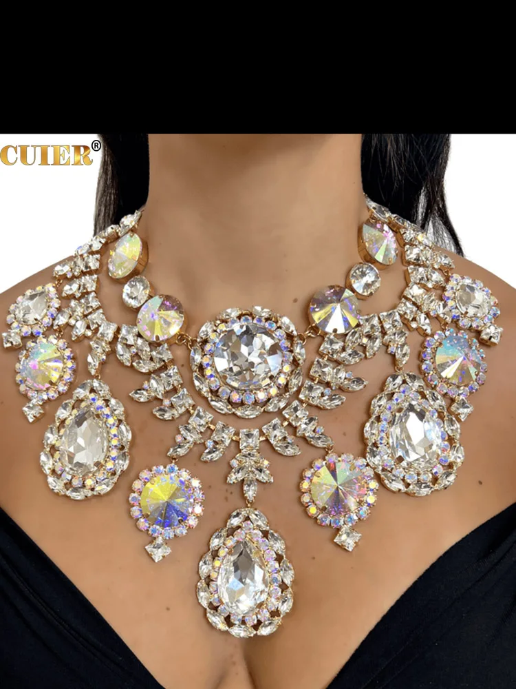 CUIER Round Glass Huge Pendant Necklace Earring Ring for Women Wedding Night Club TV Show Exaggerated Jewelry Set For Drag Queen