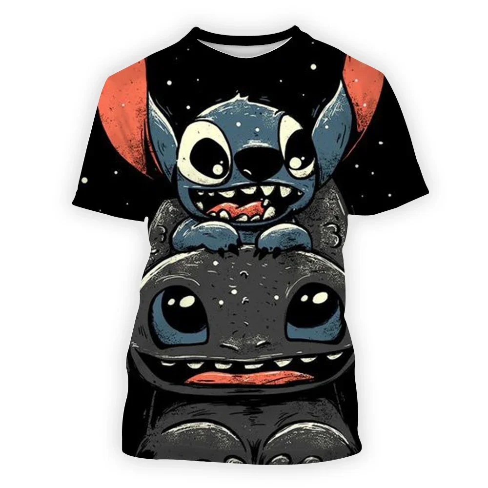 

2024 Disney Summer 3d Print T-Shirts Street Short Sleeve Cartoon Lilo Stitch Unisex O Collared T-shirt Women Men Cute 3d T-shirt