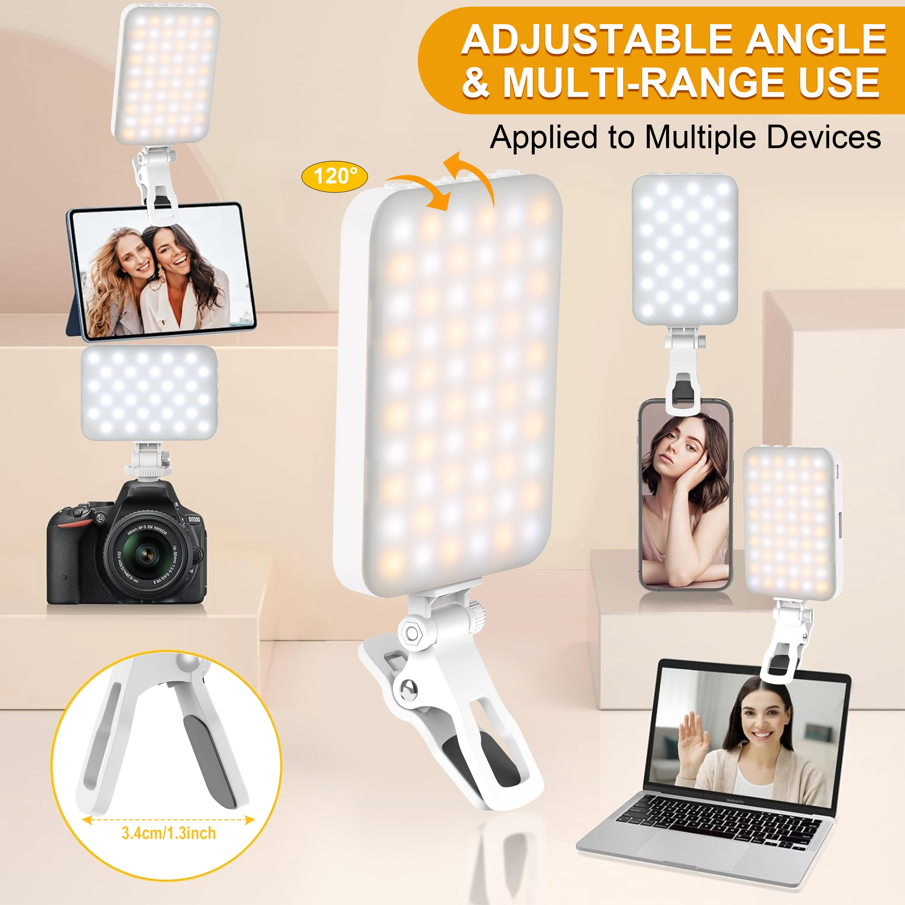 LED Selfie Light,60 LED Beads 2500mAh Rechargeable CRI 97+, 7 Light Modes,Portable Clip on Light for Phone Tablet Laptop TikTok - náhled 2