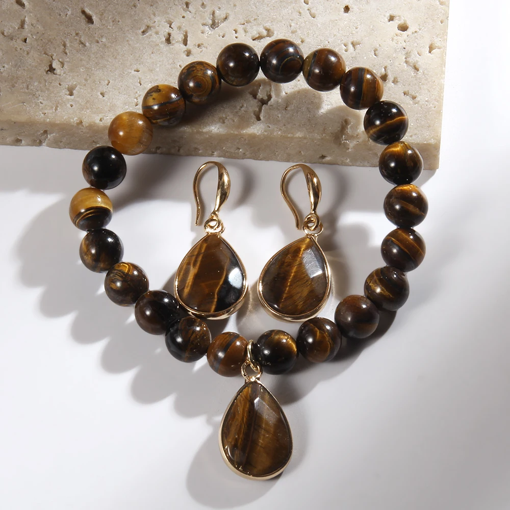 New Fashion Women Jewelry Set 8mm Natural Semi-precious Stone Beaded Elastic Bracelet Stone Drop Charm Earring Anniversary Gift
