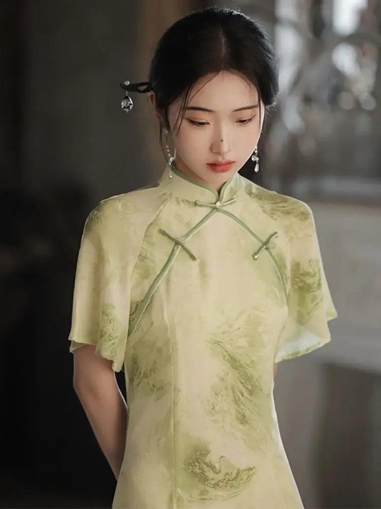 

Летнее длинное платье Cheongsam, винтажное Ципао, зеленое свежее повседневное женское элегантное платье, тонкий костюм для вечеринки, платья