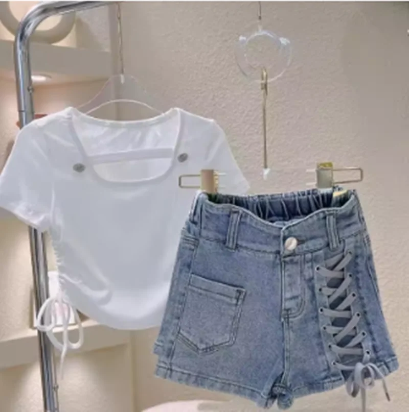 

New Spring autumn Summer Children Girl Boy KidsT-shirt + denim shorts Two-piece Set Kids Clothes Set Outfits