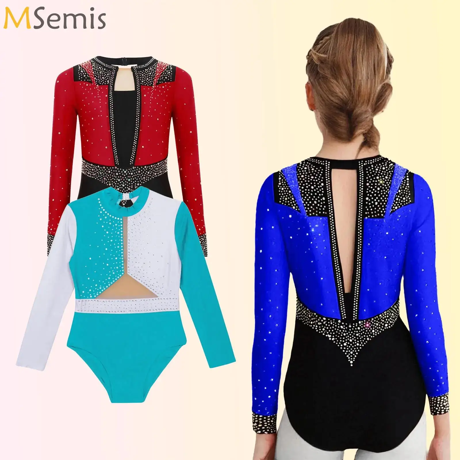 

Girls Figure Skating Costume Ballet Dance Jersey Rhythmic Gymnastics Leotard Long Sleeve Shiny Rhinestone Sheer Mesh Bodysuit