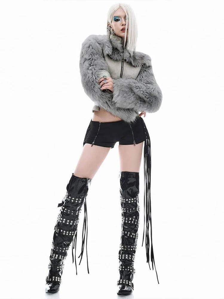 سترة نسائية مرقعة من SIsterlinda موضة فروي متدفقة بسحاب غير منتظم محب الشرير هوتي اتجاه الخريف البري ملابس الشارع والنوادي