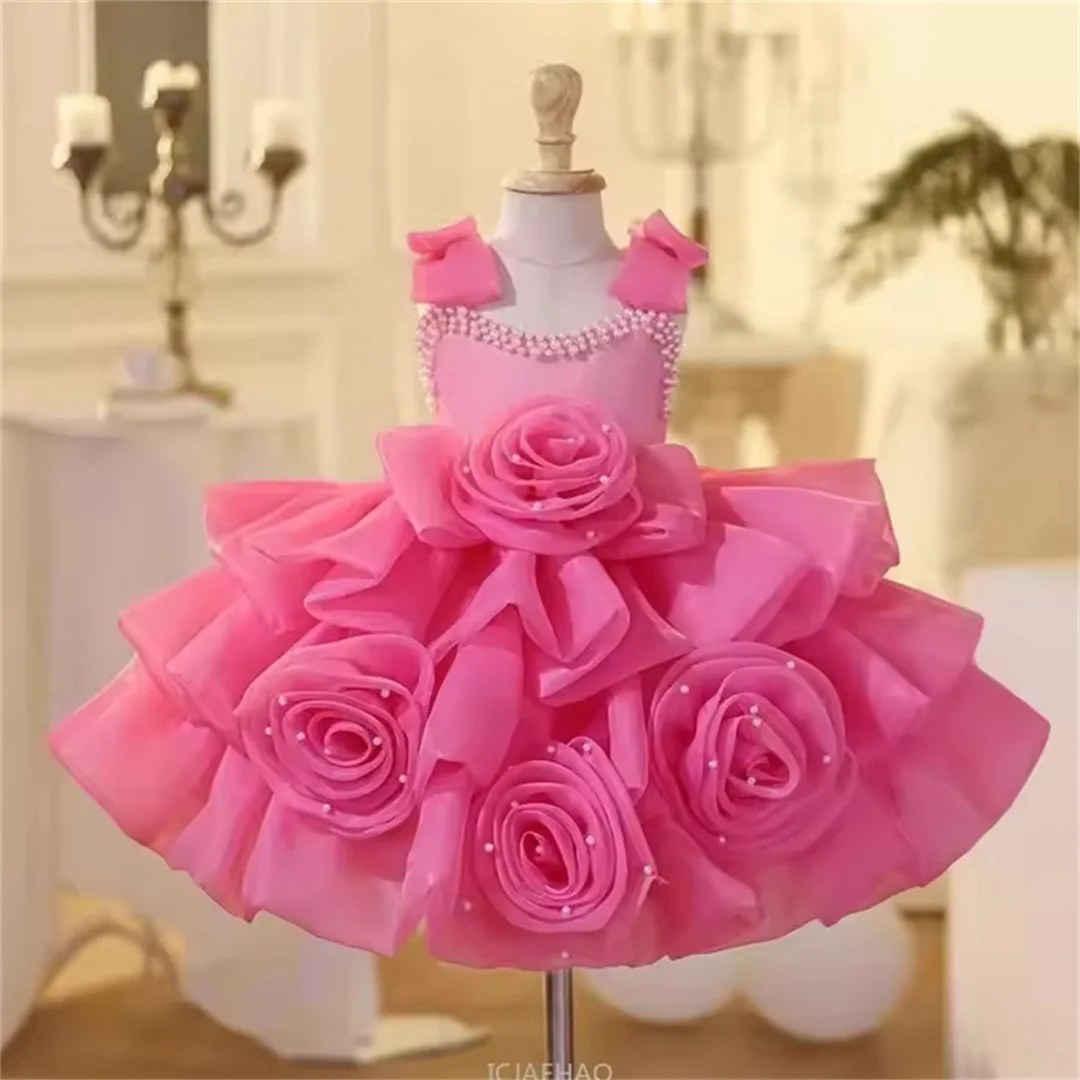 

Вечернее платье-пачка с розовым цветком по индивидуальному заказу для маленьких девочек, пышный костюм для маленьких девочек, одежда на день рождения, детская вечерняя свадебная одежда