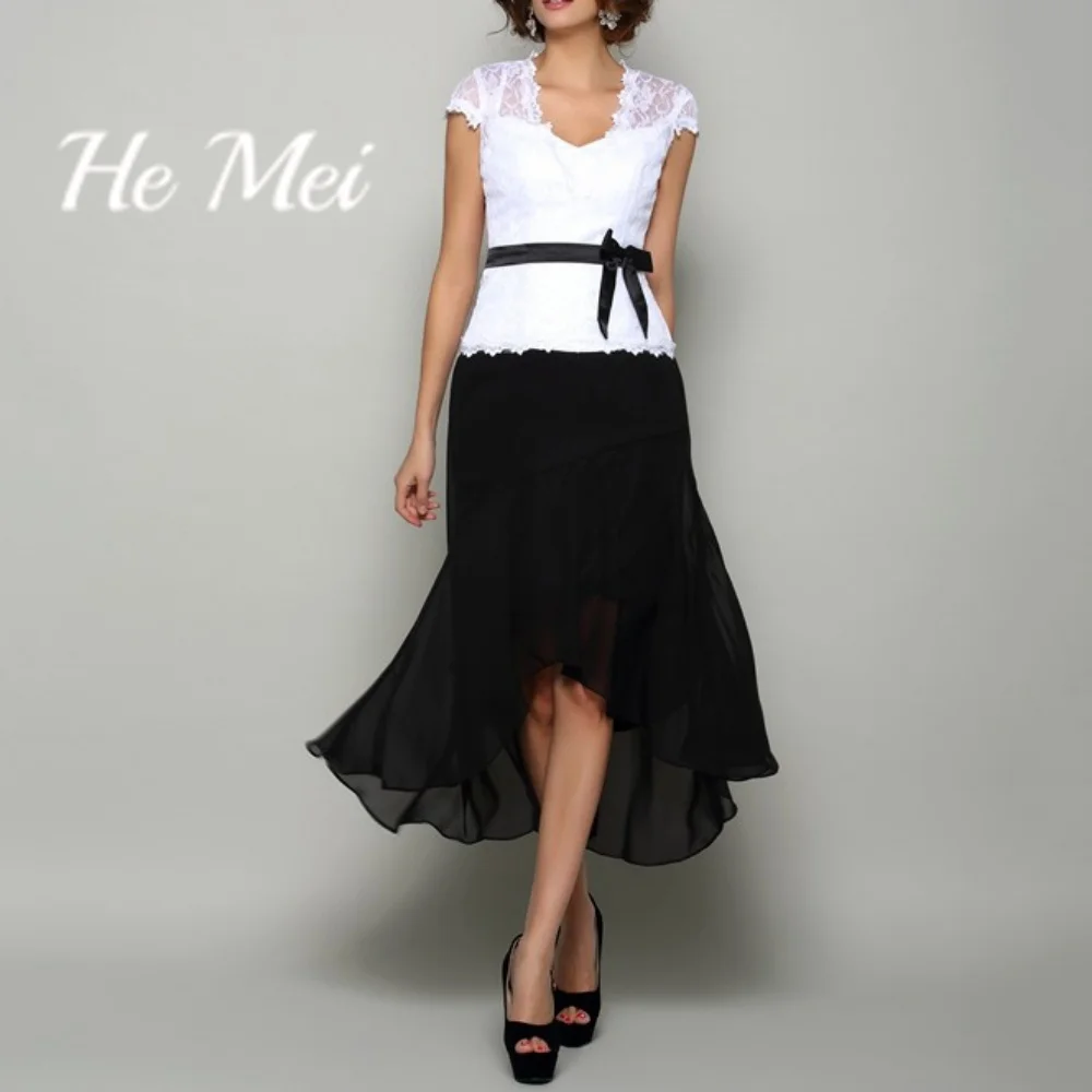 

He Mei Women Gowns Fassion Lace V-Neck Elegant Dress Mid-Calf Length Cap Sleeve Mother Dresses Robes Invitée Mariage