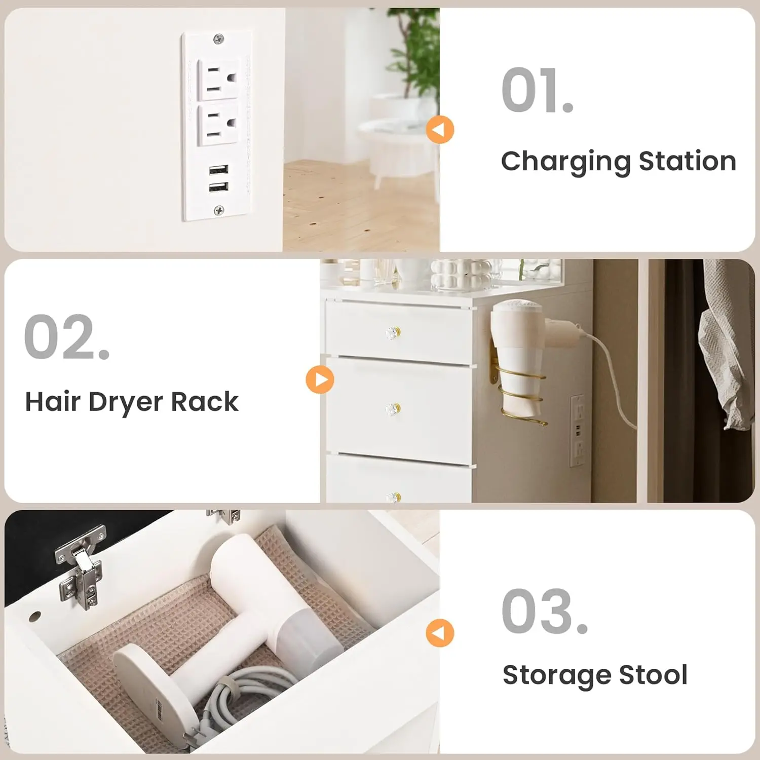 White Glass Top Vanity Desk with Crystal Handles, 11 Drawers, Mirror, Stool, 3 Lighting Modes, Power Outlet & Silent Slides view 4