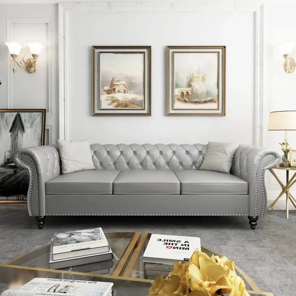 

Chesterfield Sofa Leather, Modern PU Tufted Three Seater Sofa with Rolled Armrests and Nailhead