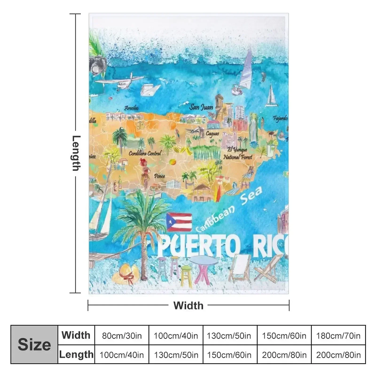 Puerto Rico Islands Illustrated Travel Map with Roads and Highlights Throw Blanket Stuffeds Hairy Thins Blankets