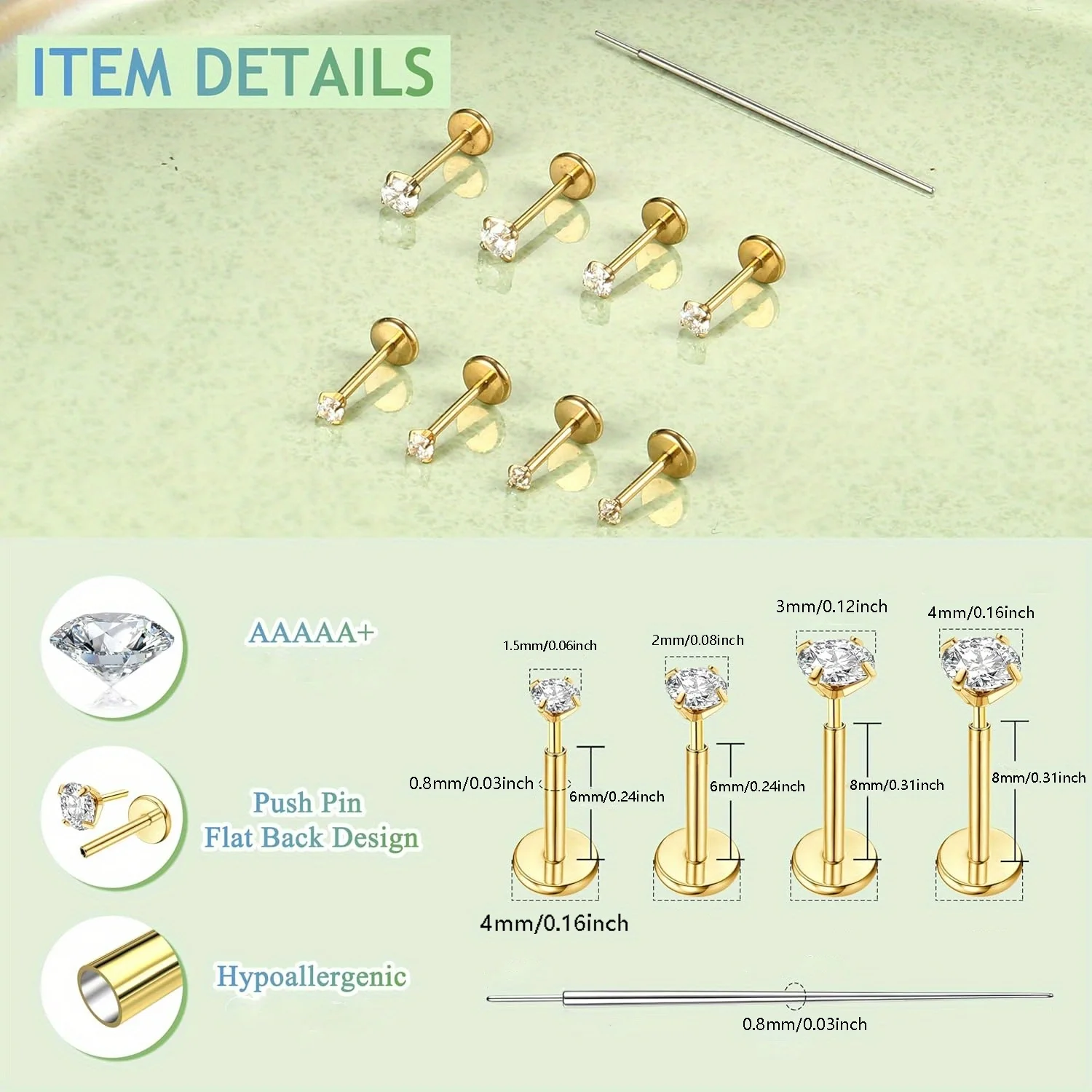 9pcs Set of 20G Flat-Bottom Ear Bone Studs with Piercing Guide Needles Nose Studs, Lip Studs, Ear Studs, Piercing Jewelry