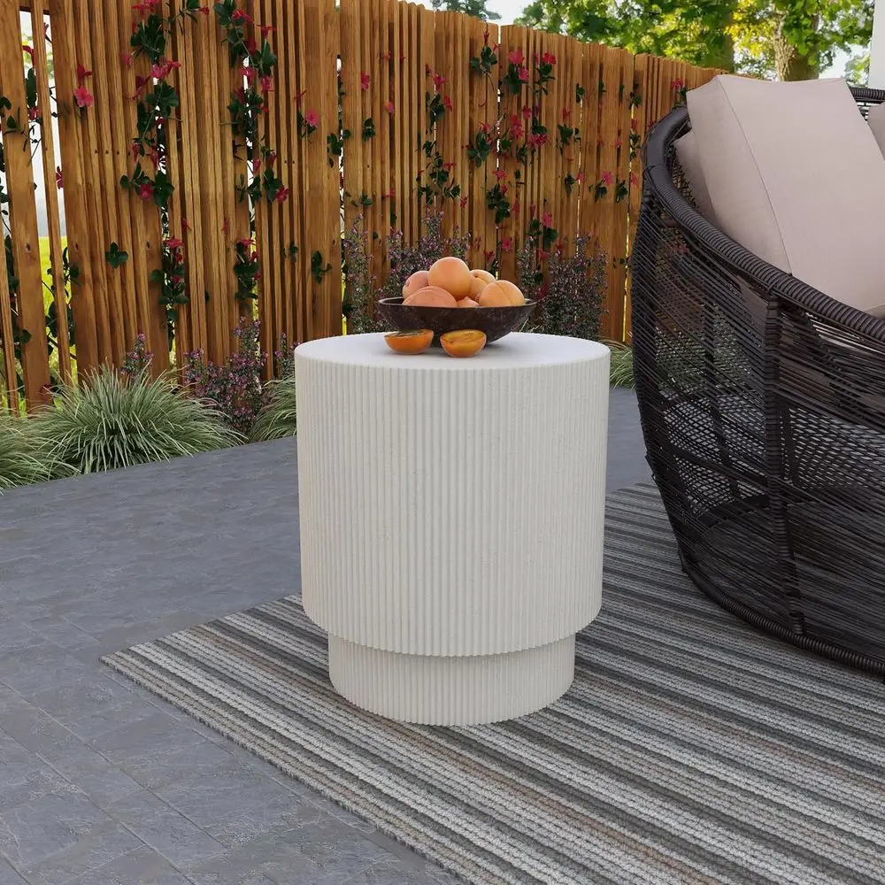 Round Stone Top Accent End Table for Indoor and Outdoor Use, Weather-Resistant, White Series