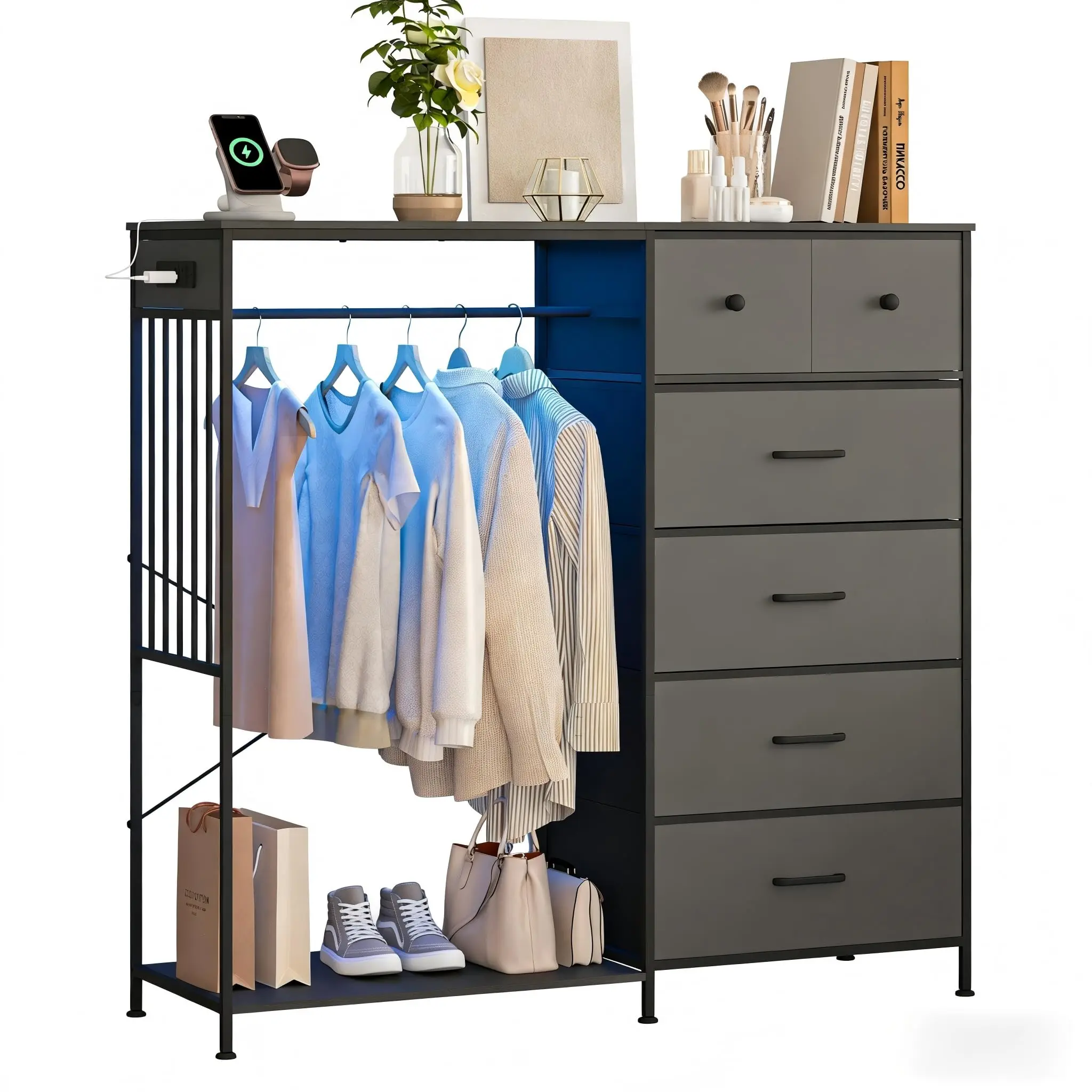 6-Drawer Dresser with Hanger Rack and USB Charging Station - Sturdy Metal Frame, Wood Panels, Led Lighting, Easy Assembly - Modern Bedroom Storage, White/Brown