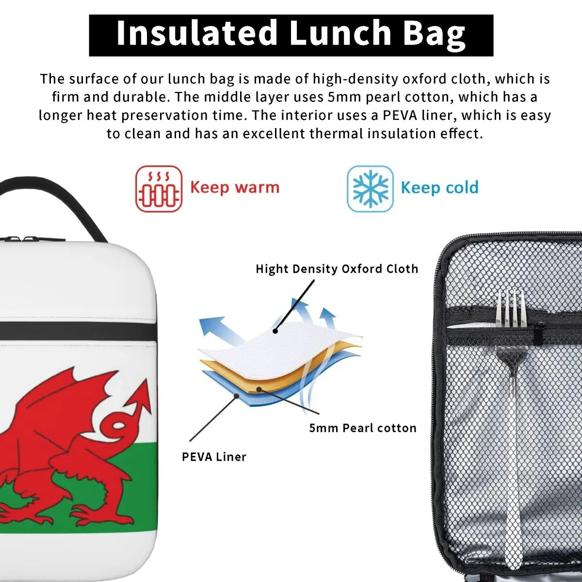 Flag Of Wales Welsh Dragon Insulated Lunch Bag for Women Kids Leakproof Food Boxes Thermal Lunch Box Tote