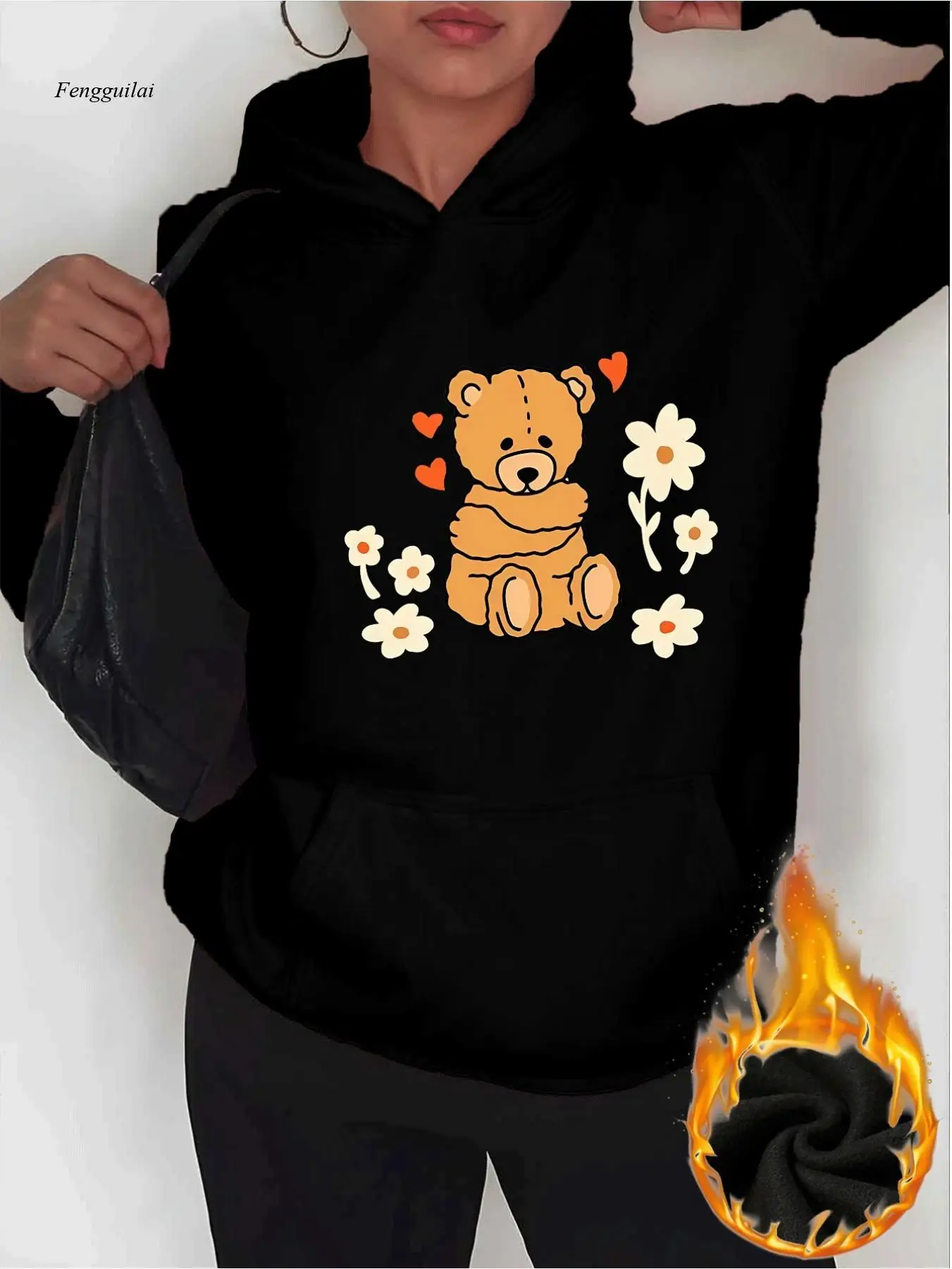 Felpa con cappuccio stampata a forma di cuore di San Valentino |   Cordoncino casual, maniche lunghe con tasca a marsupio