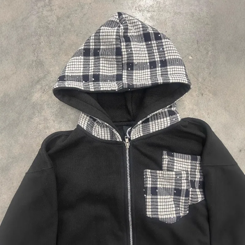 

2026 Moletom Men Y2k Plaid Patchwork Sweatshirt Sweatpants Set Calça Baggy Casual Streetwear Tracksuit Pantalon Homme Штаны 남성의류