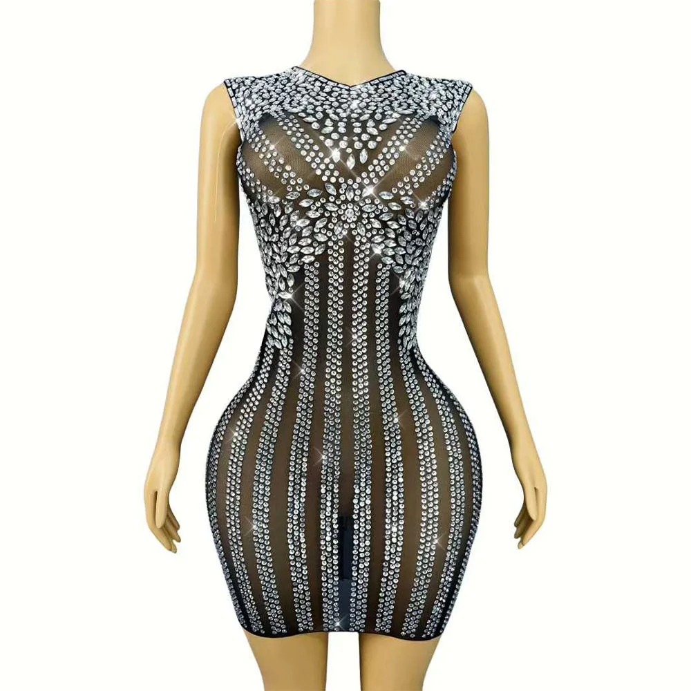 

Сексуальное сценическое прозрачное сетчатое платье с мерцающими стразами, подходит для дня рождения, вечернее коктейльное платье для красной ковровой дорожки, сценическая одежда