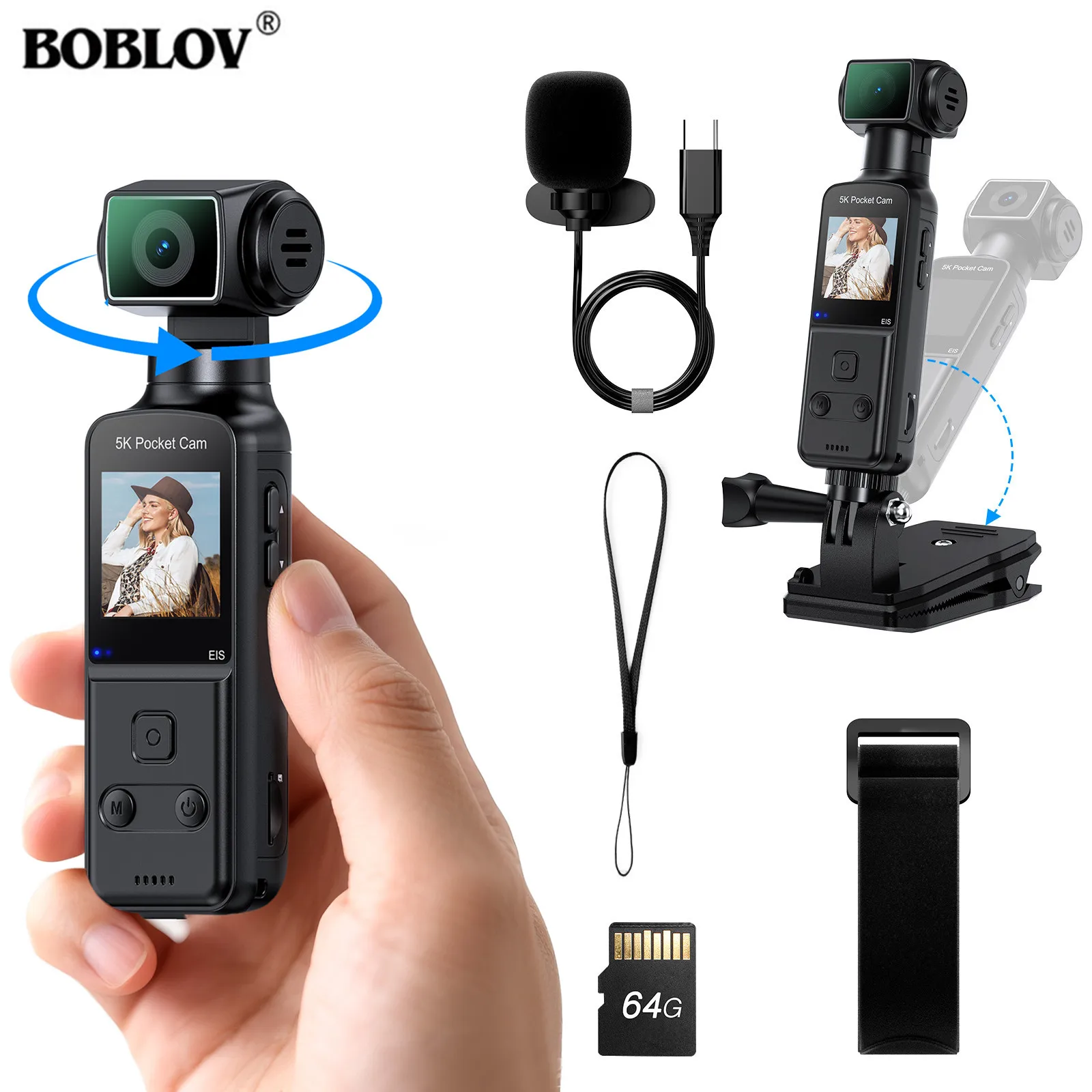 BOBLOV 5K Körperkamera Tragbare MINI Vlog Kamera Tasche Sportkamera Rotierendes Objektiv Handstabilisator BodyCam Videoaufzeichnung