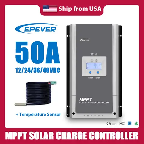 EPEVER 50A MPPT Solar Charge Controller 12/24/36/48V Battery Auto 150V/200V Panels Input Tracer5415AN With Battery Temp Sensor
