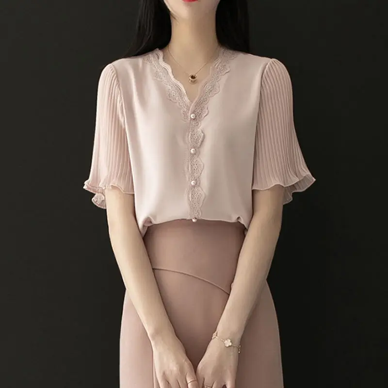 Spring Summer New Fashion Solid Color Chiffon Shirt 2022 V-Neck Short Sleeve Lace Pullover Shirt Korean Elegant Casual Blouse