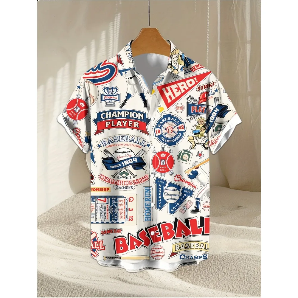 Light Smooth Wrinkle Free Resort Shirt Multi Style Vintage Baseball Hero Trophy Graphic Print Men Travel Button Blouse